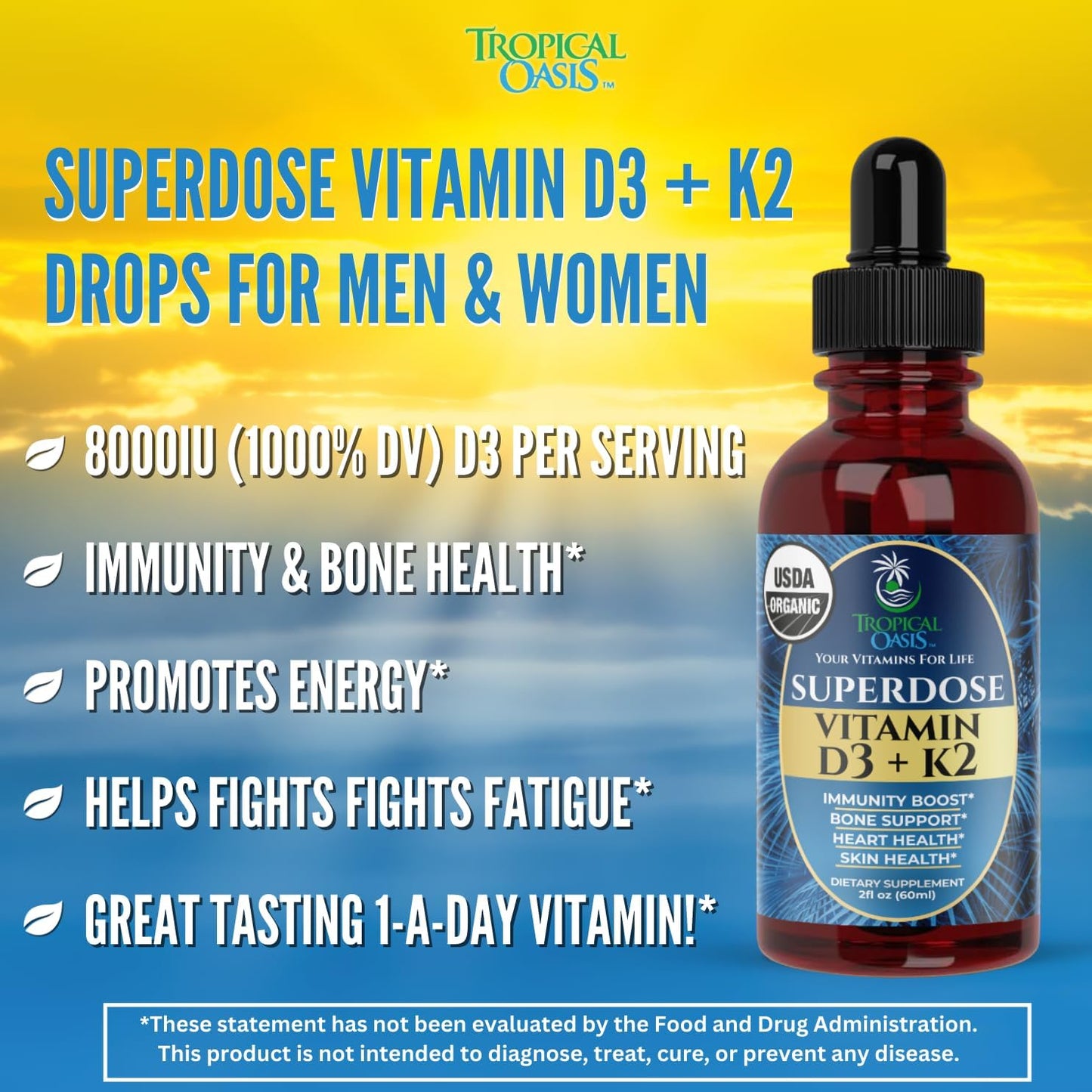 Tropical Oasis Vitamin D3 + K2 Drops - USDA Organic