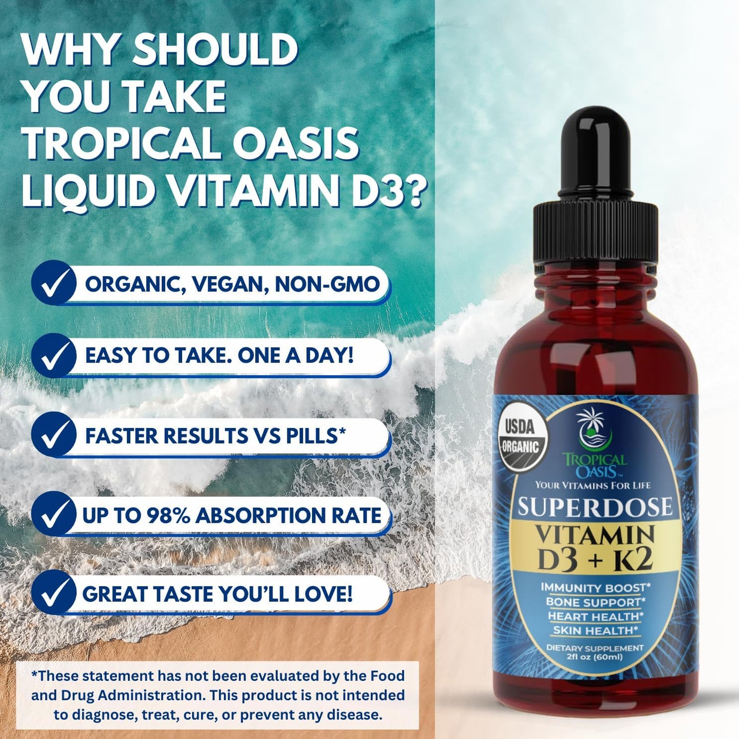 Tropical Oasis Vitamin D3 + K2 Drops - USDA Organic